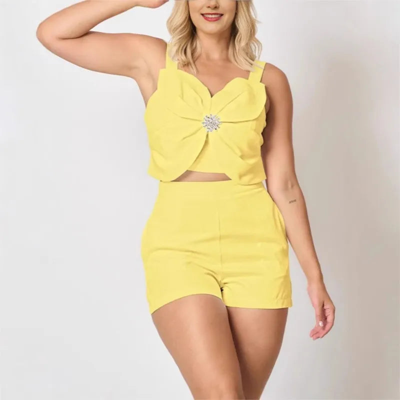 Women's Two Pieces Sets Outfit New Fashion Sexy Backless Folds Casual Vest Pockets Shorts Set For Women Black Summer Clothing