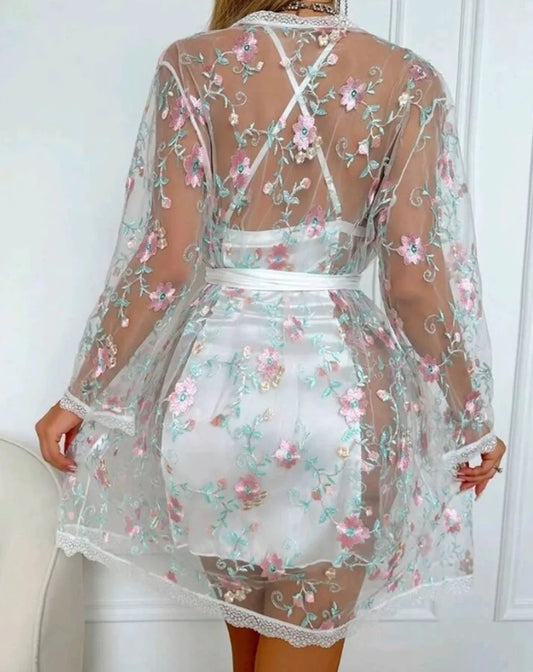 Floral Embroidery V-Neck Halter Backless Nightgown