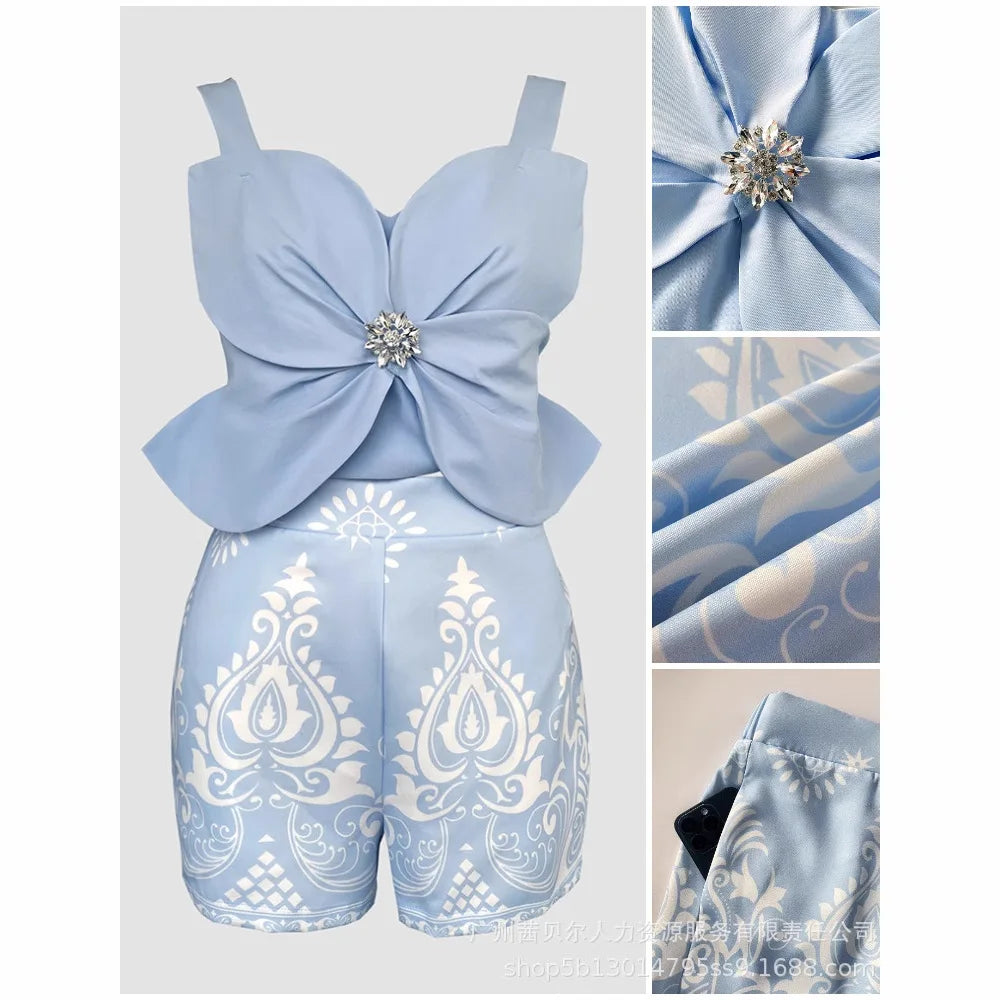 Shorts Pant Set Women Two Piece Sets Matching Sets Sling Tops Short Pants High Waist Print Y2k Streetwear Elegant Work Beach