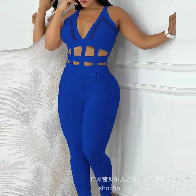 2024 New White Waist Hollow Strap Neck Tight Jumpsuit Fashion Trend Sleeveless Spring And Autumn Solid Color