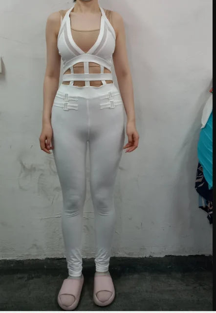 Sexy Women's Jumpsuit Casual Solid Color V-Neck Suspender Top with Hollowed Out Buckle and Contrasting Mesh Elastic Jumpsuit
