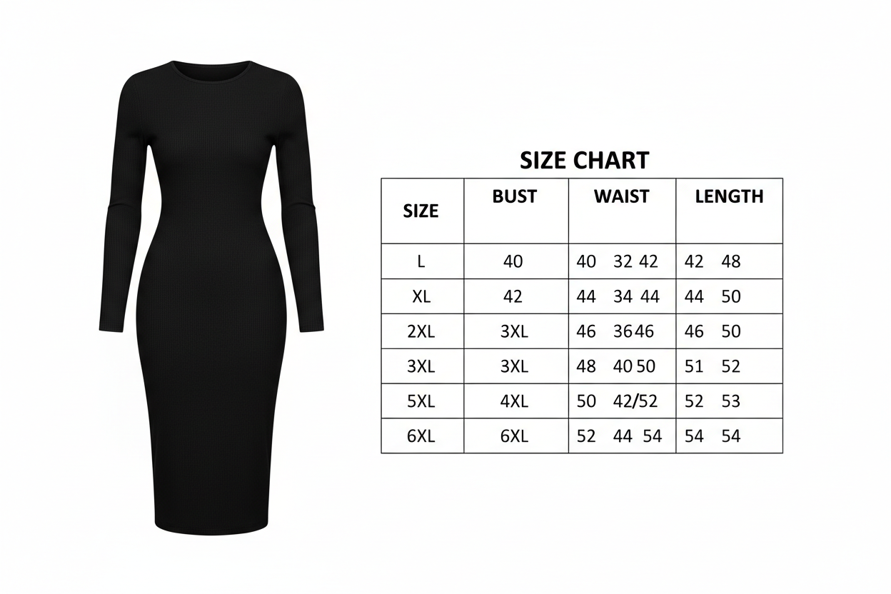 bodycon dress with long sleeves and mid-length Size Chart L- 6XL