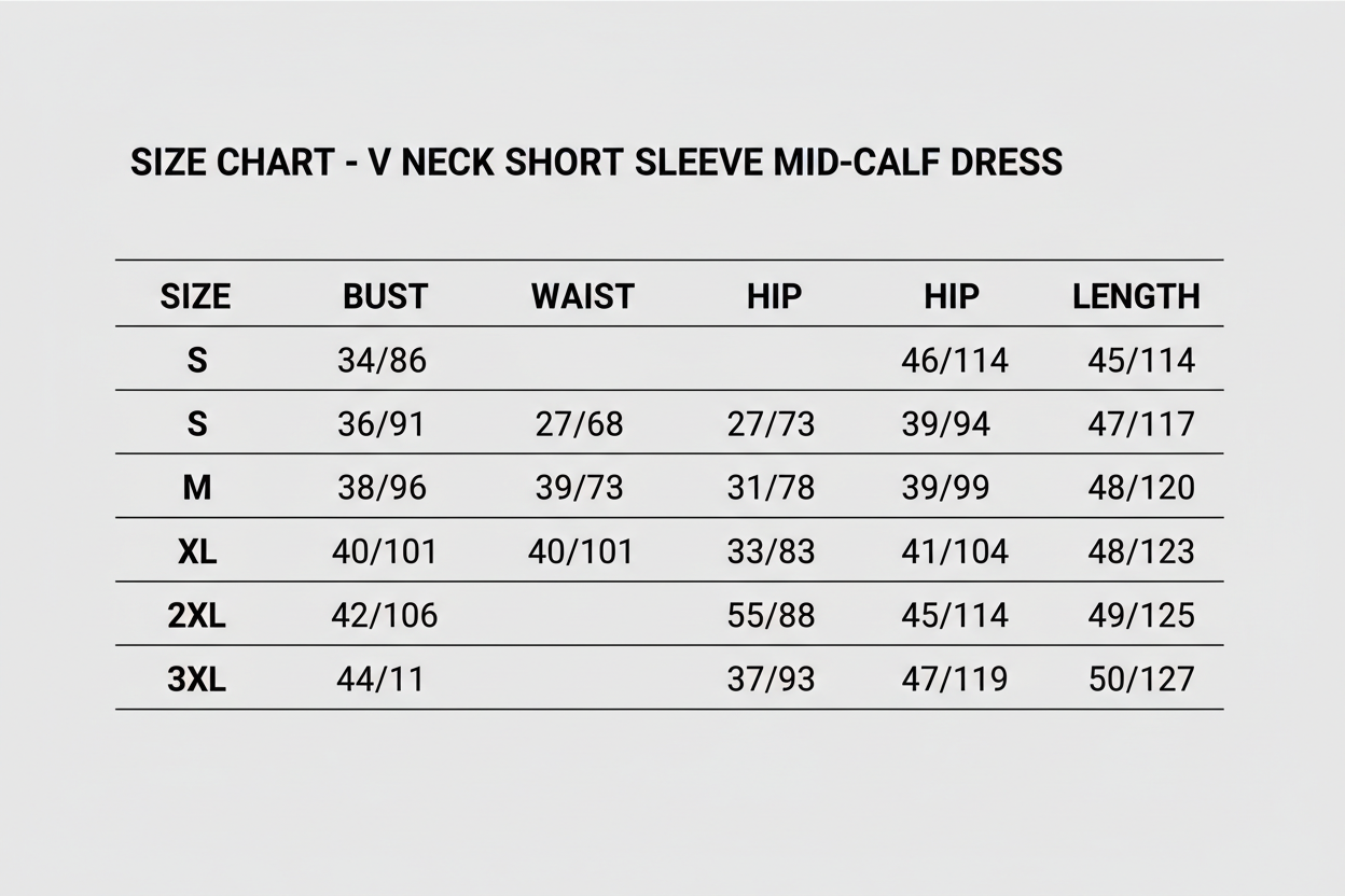 Dresses V Neck Short Sleeve Mid-Calf s-3xl size chart