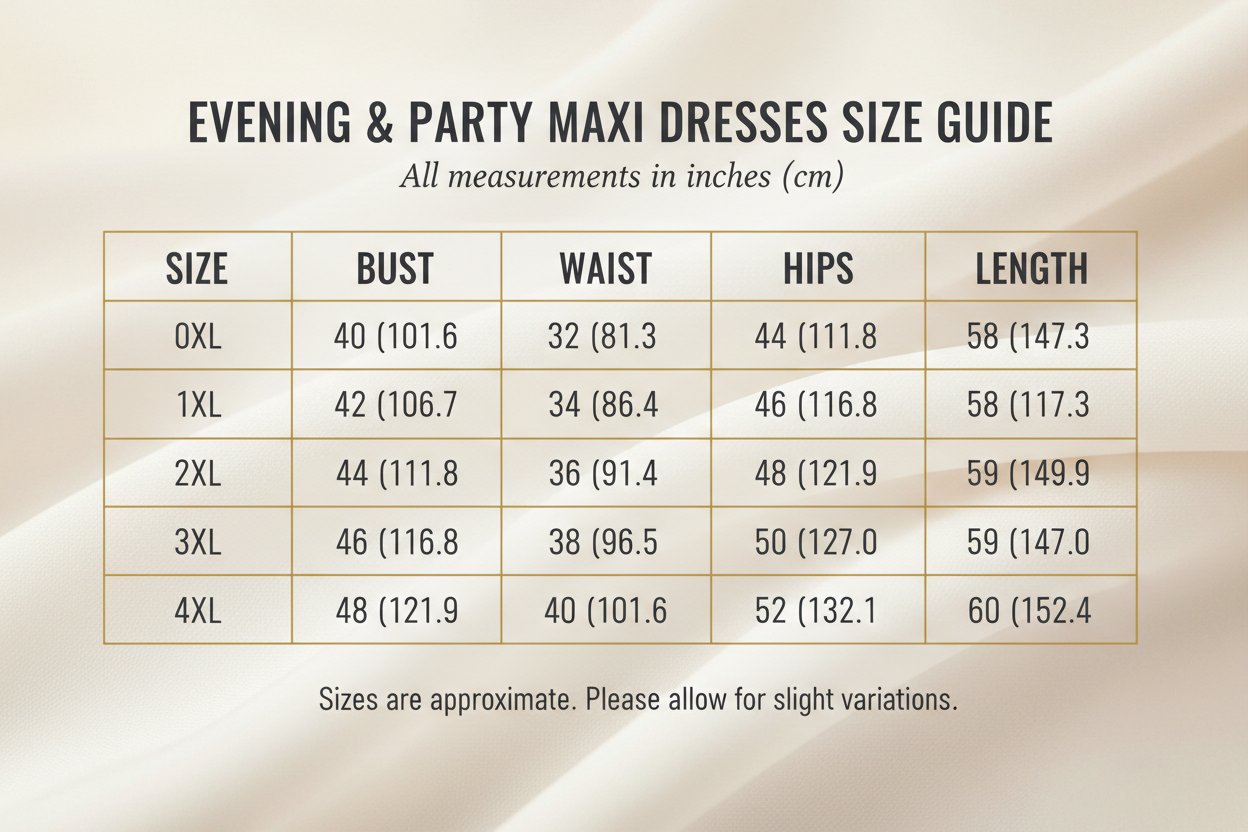 Evening Dresses Party Maxi Size Chart 0XL-1XL-2XL-3XL-4XL