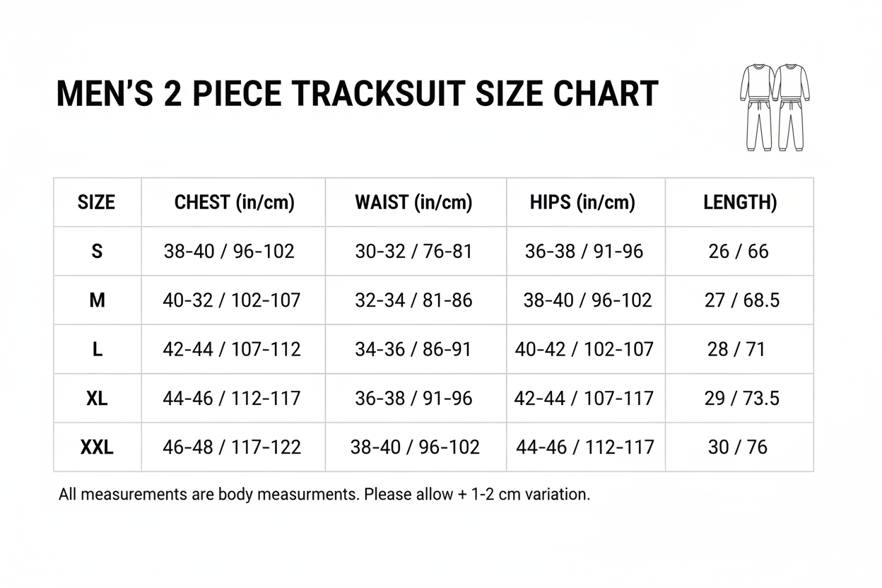 Men's 2 Piece Tracksuit size chart