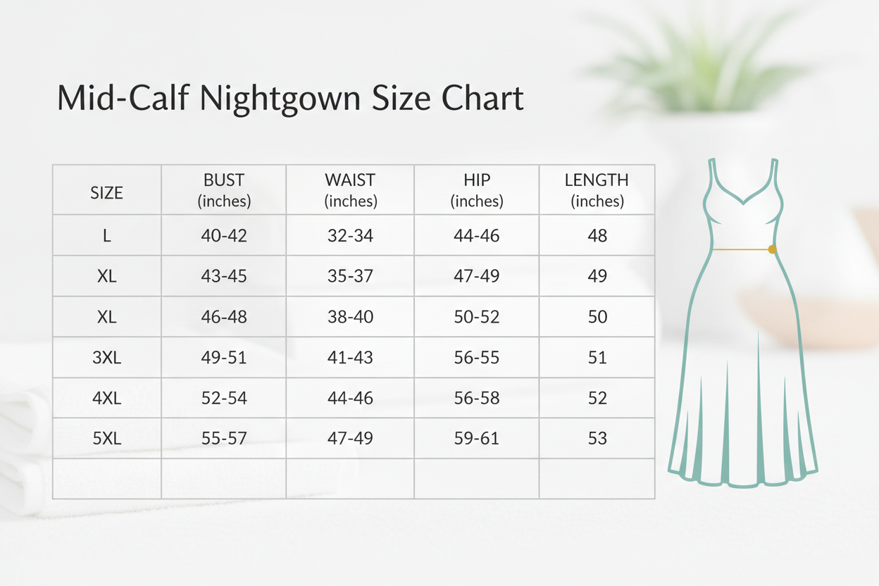 Mid-calf length nightgown size chart L-5XL