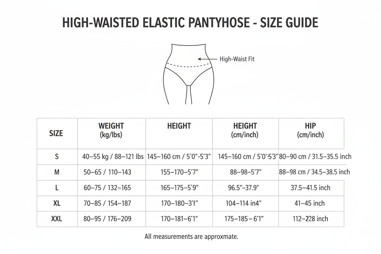 pantyhose with high-waisted elastic size chart includes fit kg and pound
