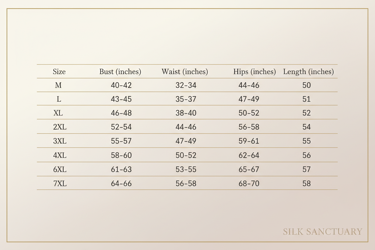 Plus Size Nightdress Satin Size Chart M-L-XL-2XL-3-XL-4XL-5XL-6XL-7XL