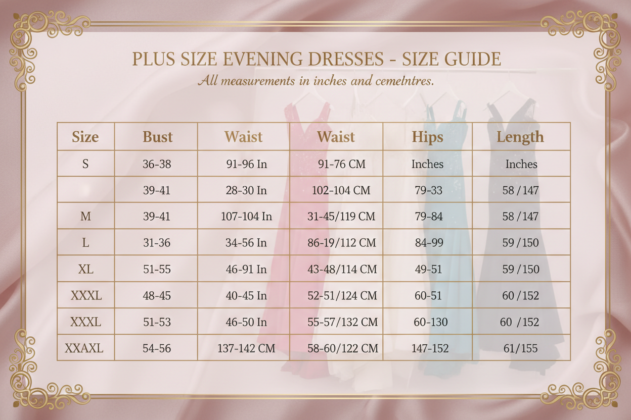 Plus Size Women Evening Dresses Size Chart S-XXXXL