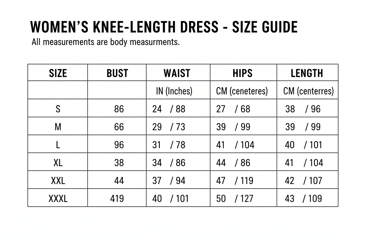 S-XXXL Knee Dress Size Chart