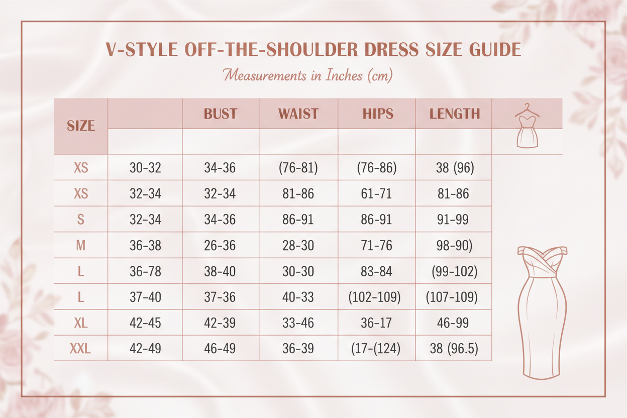 Size chart for V style off-the-shoulder fitted dress with a tight waist