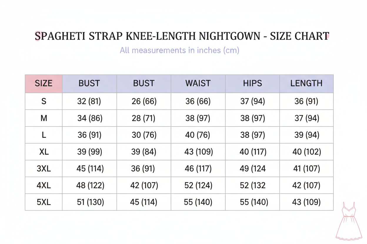 spaghetti strap knee nightgown Size chart S-5XL