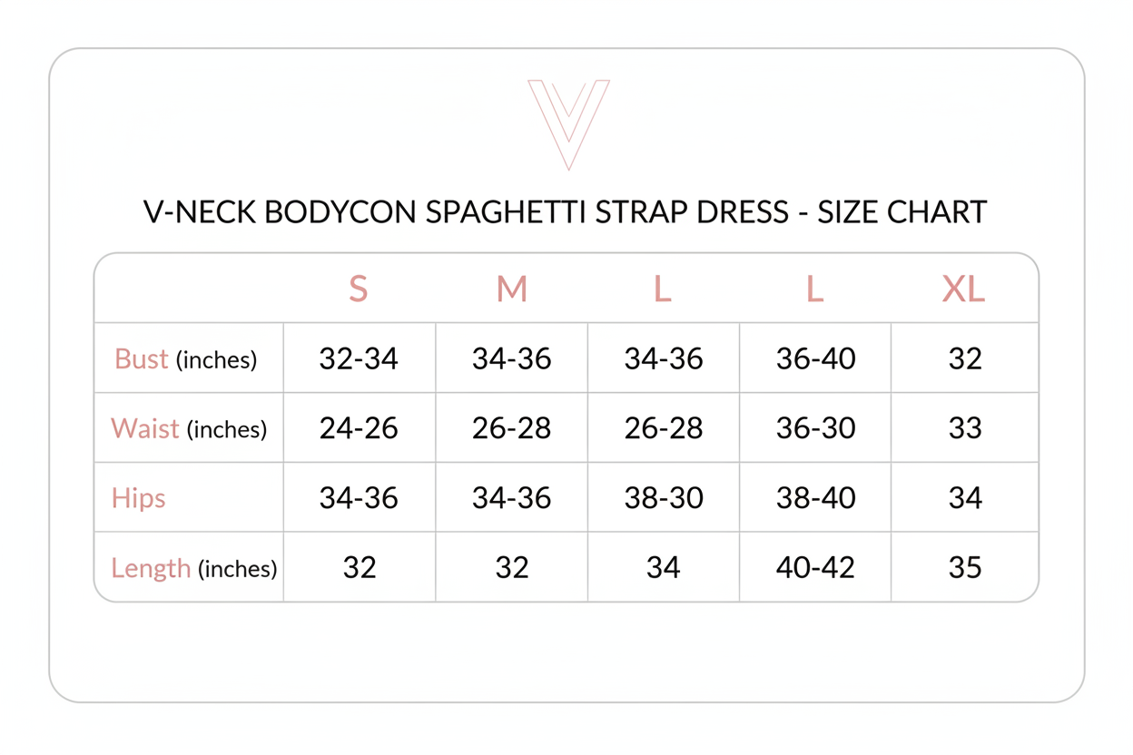 V-Neck Bodycon Spaghetti Strap Dress Size chart S- XL
