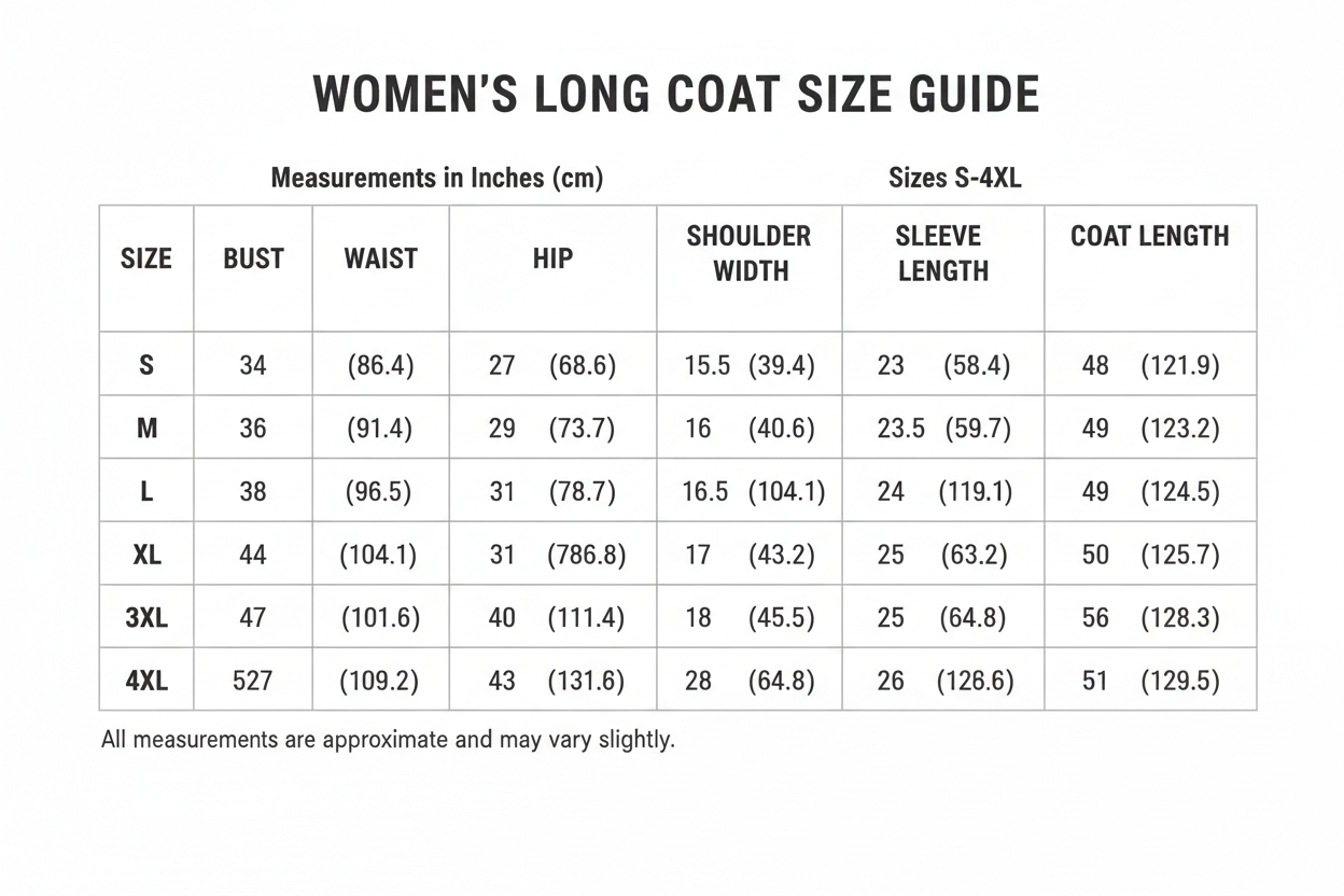 women long coat Size Chart S-4XL