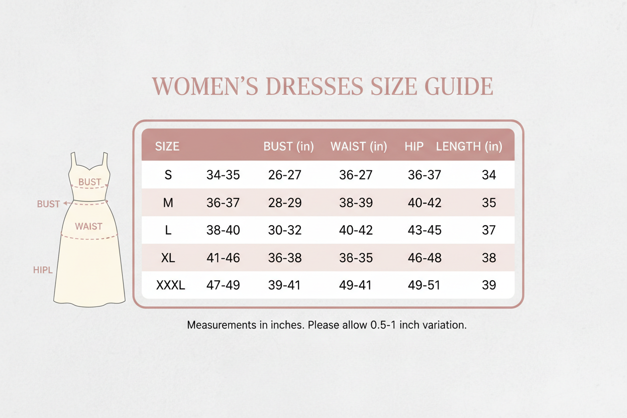 WOMENS DRESSES SIZE CHART S TO XXXL
