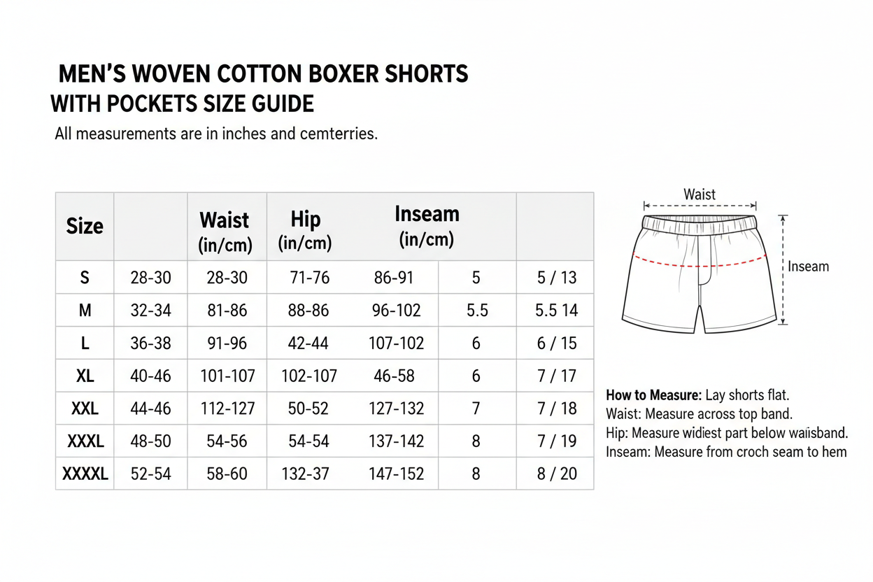 Woven Cotton with Pockets Boxer short Size Chart S-XXXXL
