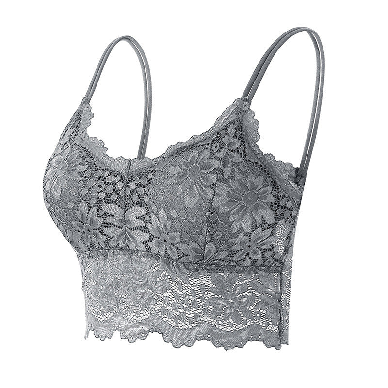 gray floral lace bralette with scalloped edges and thin shoulder straps on white background