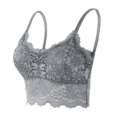 gray floral lace bralette with scalloped edges and thin shoulder straps on white background