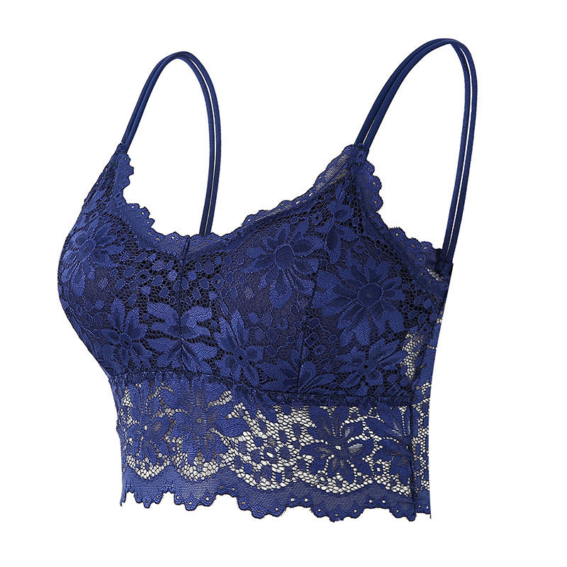 Navy blue floral lace bralette with thin adjustable straps and scalloped hem