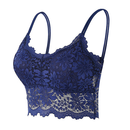 Navy blue floral lace bralette with thin adjustable straps and scalloped hem