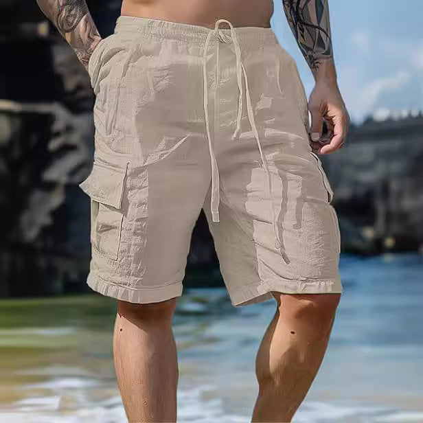 Cotton Linen Shorts Drawstring Elastic Waist Straight Leg Solid Color Breathable Beach Shorts San Remo Shops