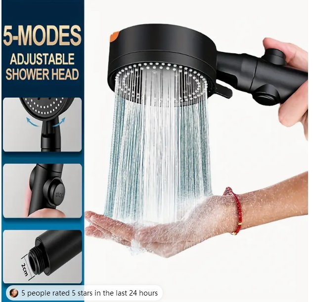 1pc High - Pressure Shower Head, Multi - Functional Hand Held Sprinkler With 5 Modes, 360°Adjustable Detachable Hydro Jet Shower Hea - San Remo Shops