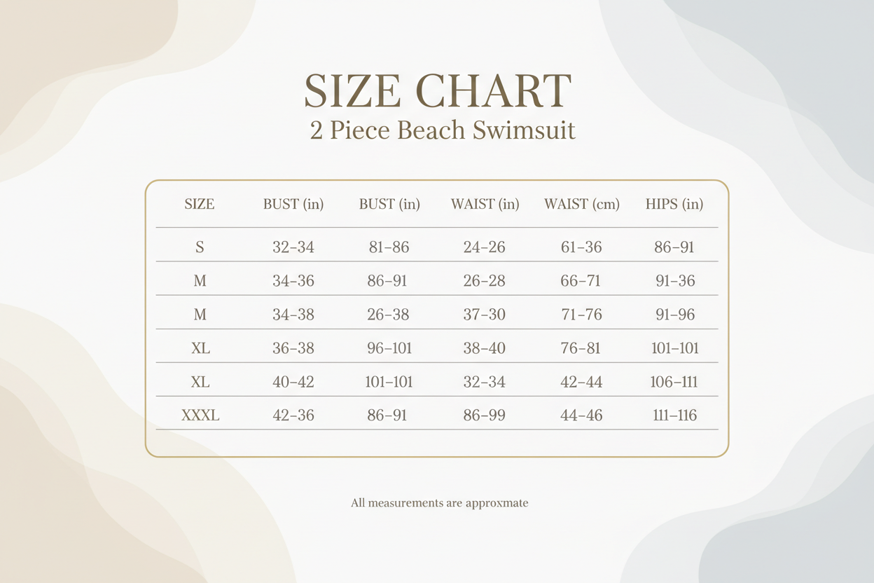 2 Piece Beach Swimsuit Size Chart S-XXXL