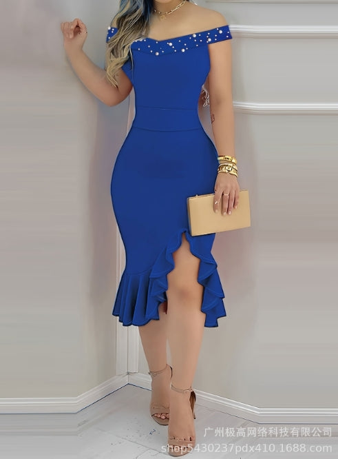 Casual Women's Dresses 2025 Spring Geometric Color Block Printed Ruffle Hem Off Shoulder Short Sleeved Casual Daily Midi Dress