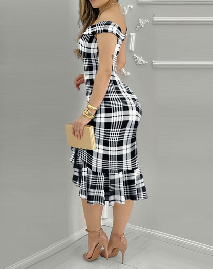 Casual Women's Dresses 2025 Spring Geometric Color Block Printed Ruffle Hem Off Shoulder Short Sleeved Casual Daily Midi Dress