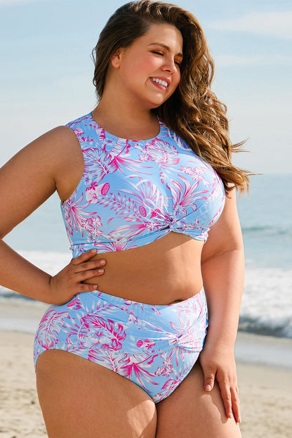 Sky Blue Plus Size Floral Print  High Waist Bikini Set