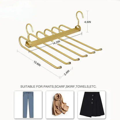 Gold multi-bar pants hanger with dimensions, suitable for pants, scarves, skirts, and towels