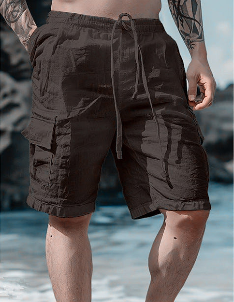 Cotton Linen Shorts Drawstring Elastic Waist Straight Leg Solid Color Breathable Beach Shorts San Remo Shops