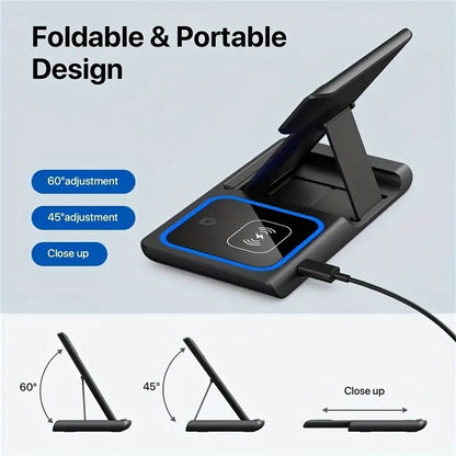 Foldable, portable black device stand with 60° and 45° adjustable angles and wireless charging pad