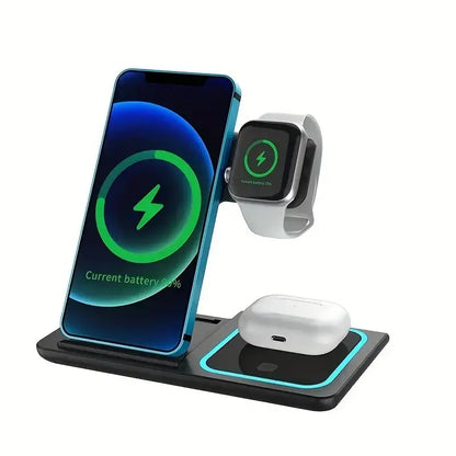 Black wireless charging stand simultaneously charging a smartphone, smartwatch, and wireless earbuds case