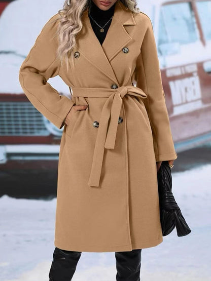 Revers Zweireihiger Trenchcoat Mit Gürtel Wintermode Einfarbig Lange Jacke Outwear Damenbekleidung