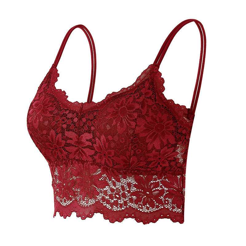 Red lace bralette with floral pattern and adjustable thin straps on white background