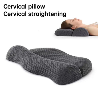 Ergonomic dark gray cervical pillow with quilted texture designed for cervical straightening and neck support