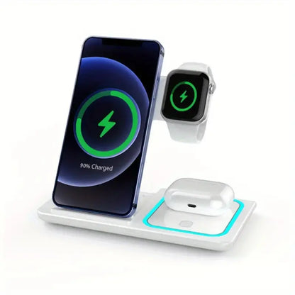 Wireless charging station charging smartphone, smartwatch, and wireless earbuds on white background