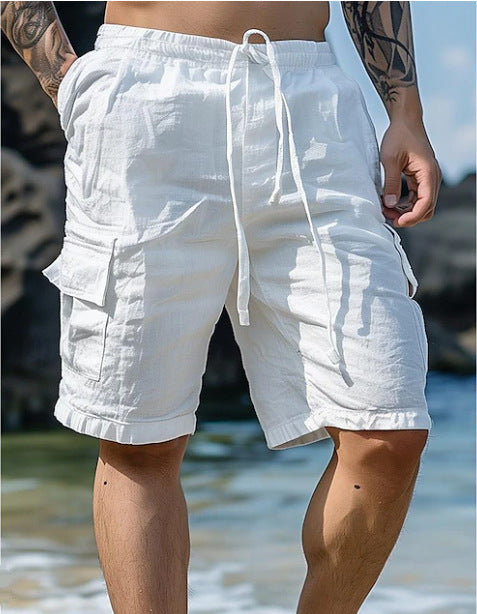 Cotton Linen Shorts Drawstring Elastic Waist Straight Leg Solid Color Breathable Beach Shorts San Remo Shops