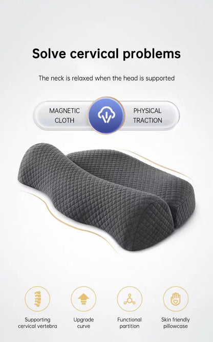 Gray cervical support pillow with magnetic cloth and physical traction for neck pain relief