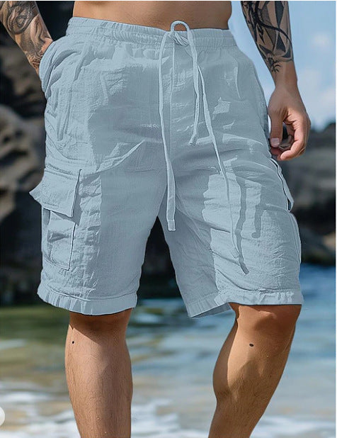 Cotton Linen Shorts Drawstring Elastic Waist Straight Leg Solid Color Breathable Beach Shorts San Remo Shops