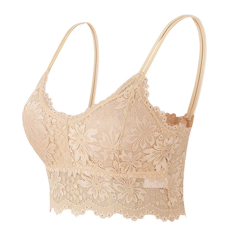 Beige floral lace bralette with thin adjustable straps and scalloped edges