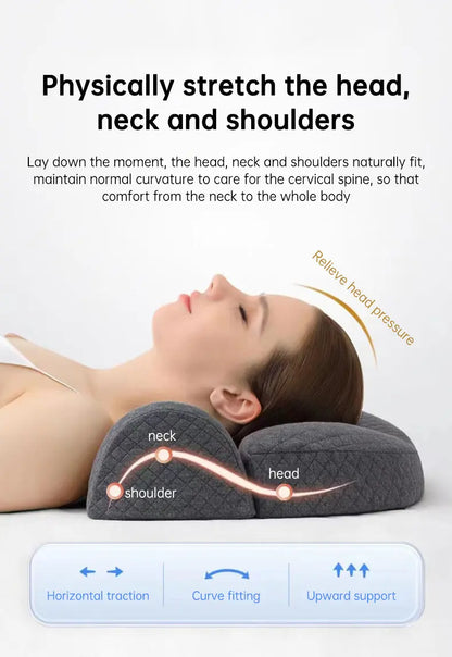 Woman lying down using gray orthopedic pillow supporting head, neck, and shoulders with traction and curve fitting