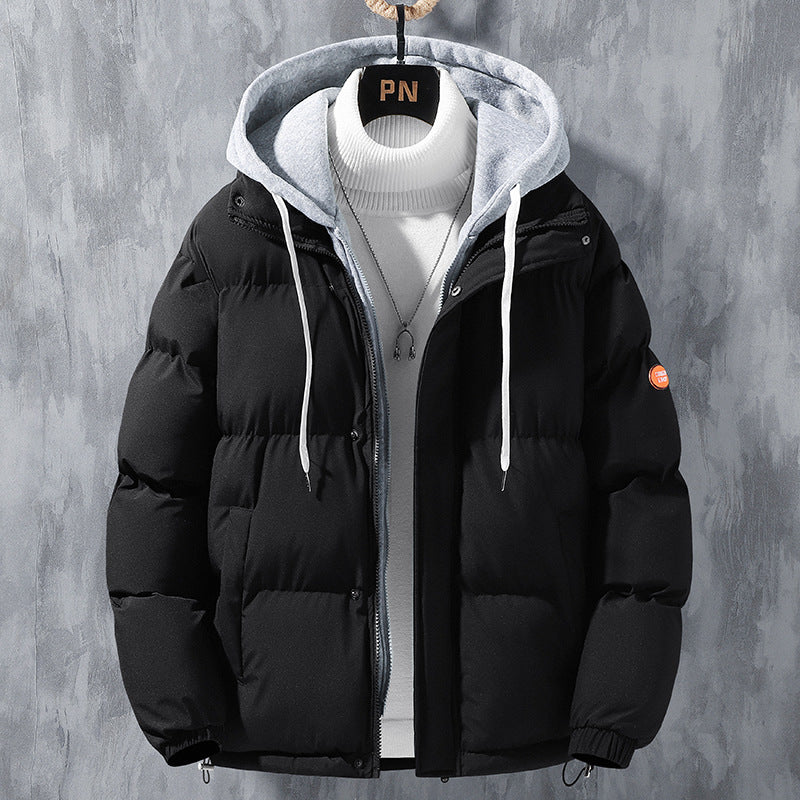 Fashion Hooded Jacket Men Winter Windproof Thickened Fake Two-piece Coat Solid Leisure Sports Cotton Jacket San Remo