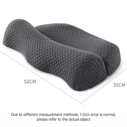 Gray ergonomic memory foam pillow with quilted cover, measuring 52cm by 35cm, designed for neck support