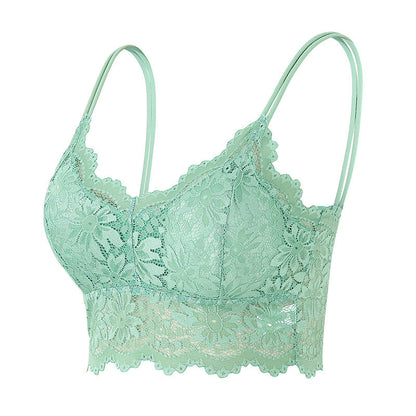 Mint green lace bralette with floral pattern and double thin shoulder straps