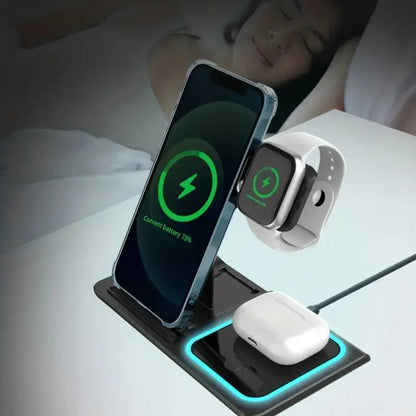 Wireless charging station charging smartphone, smartwatch, and earbuds on bedside table with sleeping woman