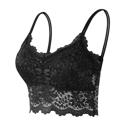 black floral lace bralette with scalloped edges and thin adjustable straps