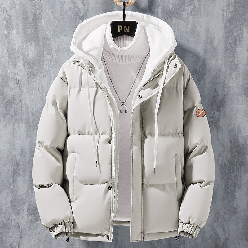 Fashion Hooded Jacket Men Winter Windproof Thickened Fake Two-piece Coat Solid Leisure Sports Cotton Jacket San Remo