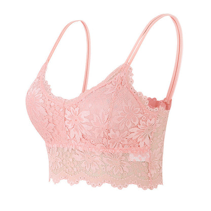 Pink floral lace bralette with adjustable thin shoulder straps on white background